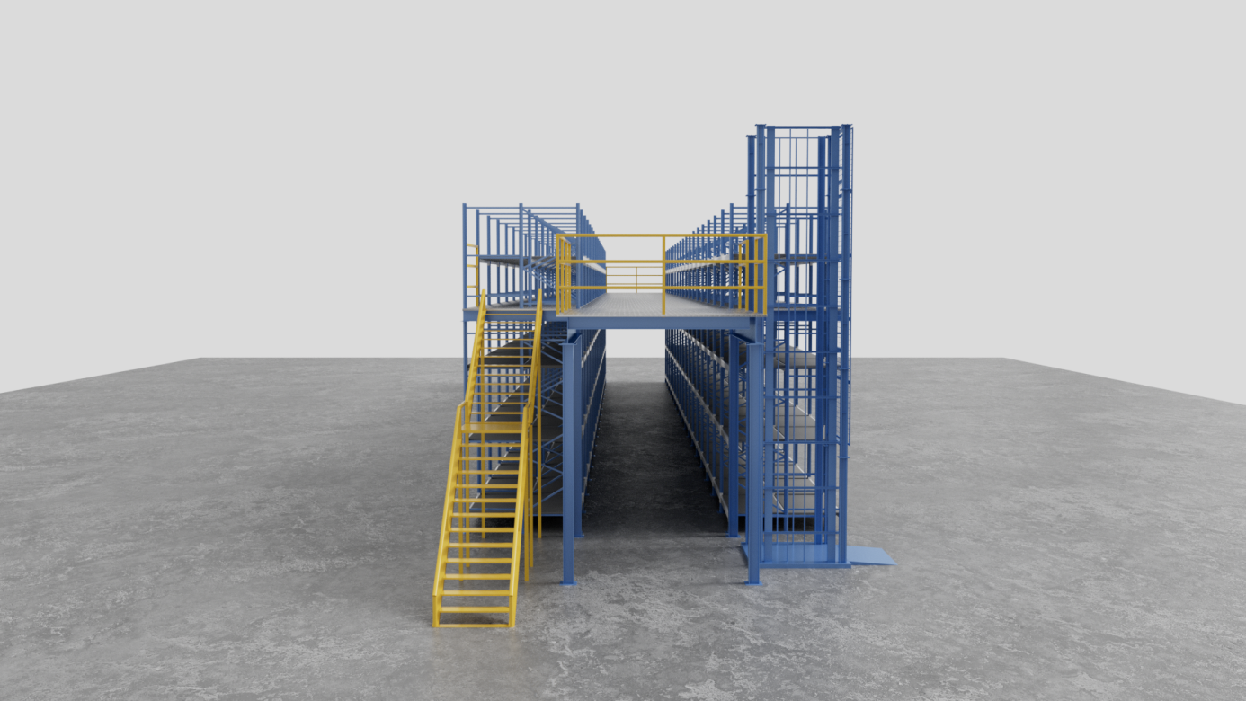  HEGERLS industrial steel platform in a multi-level warehouse for optimized storage