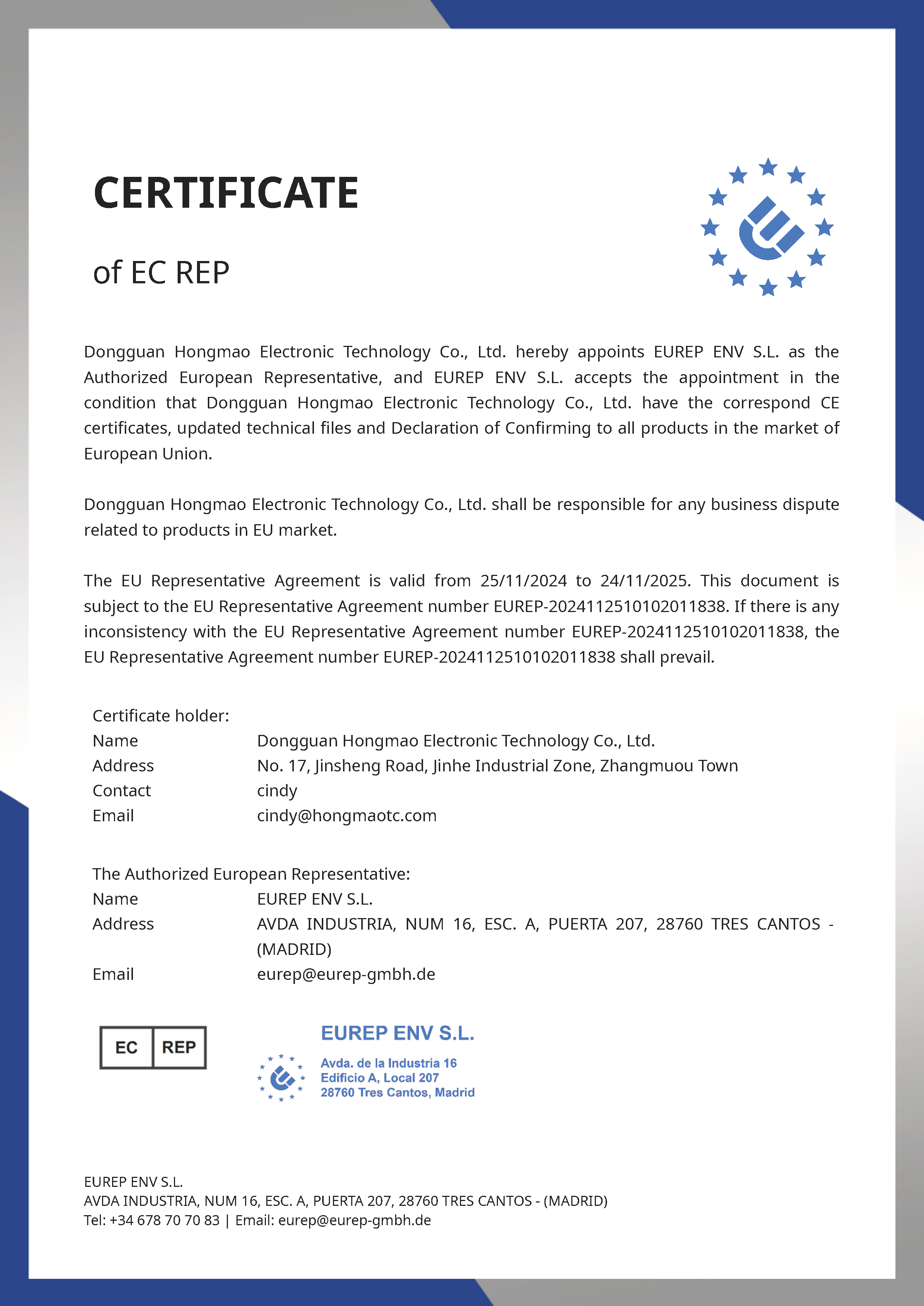 CERTIFICATE Of EC REP