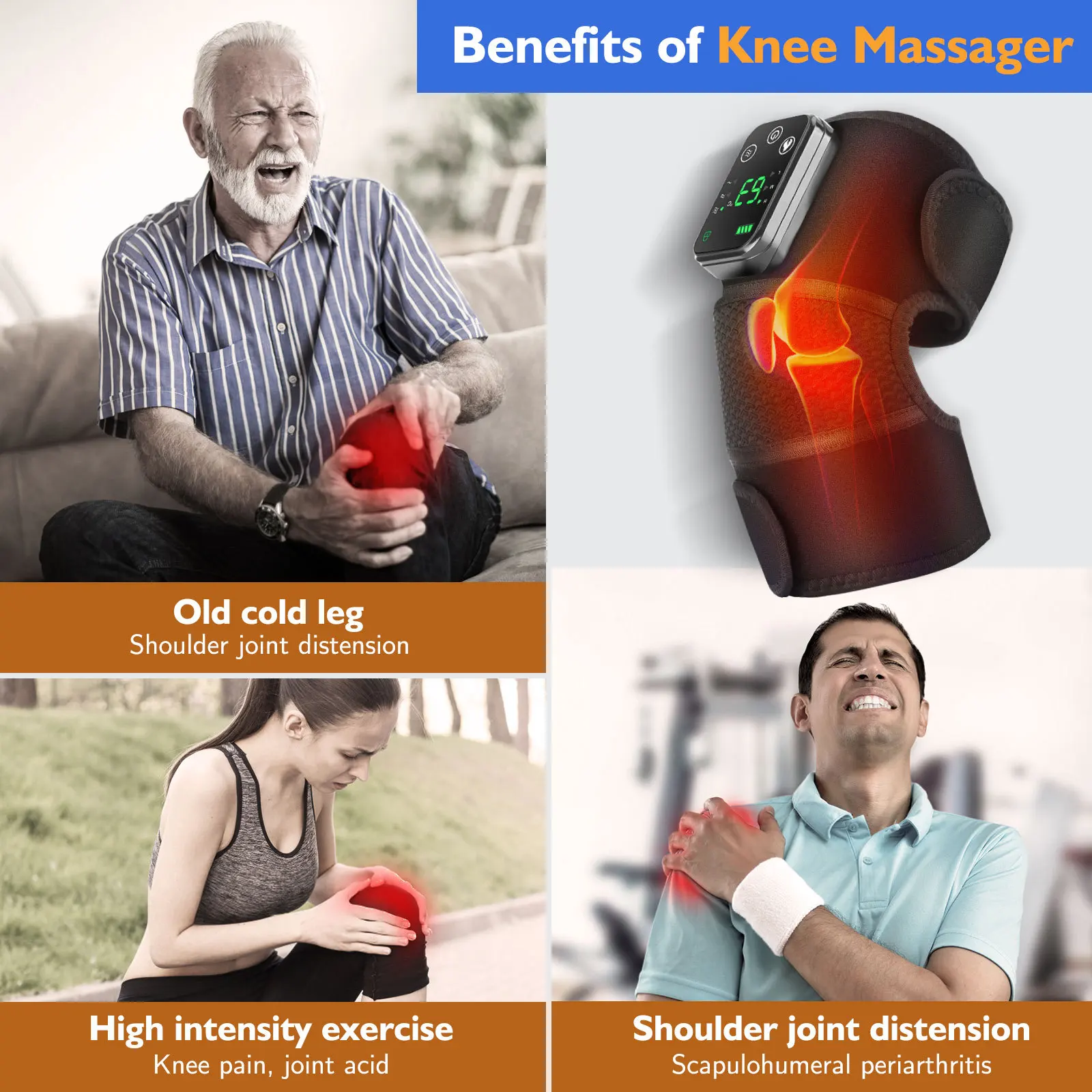 Cordless Hot Compress Knee Pads Shoulder Wrap Pain Relief Electric Heating Vibration Knee Massager