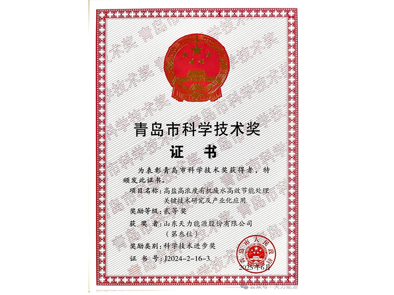 Tianli Energy was Awarded the Second Prize of the 2024 Qingdao Science and Technology Progress Award.