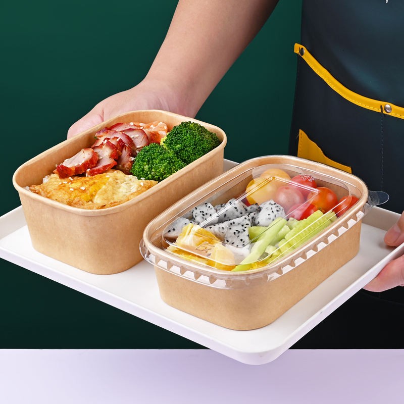 Disposable Pla Rectangular Salad Kraft Paper Bowl Container With Lid