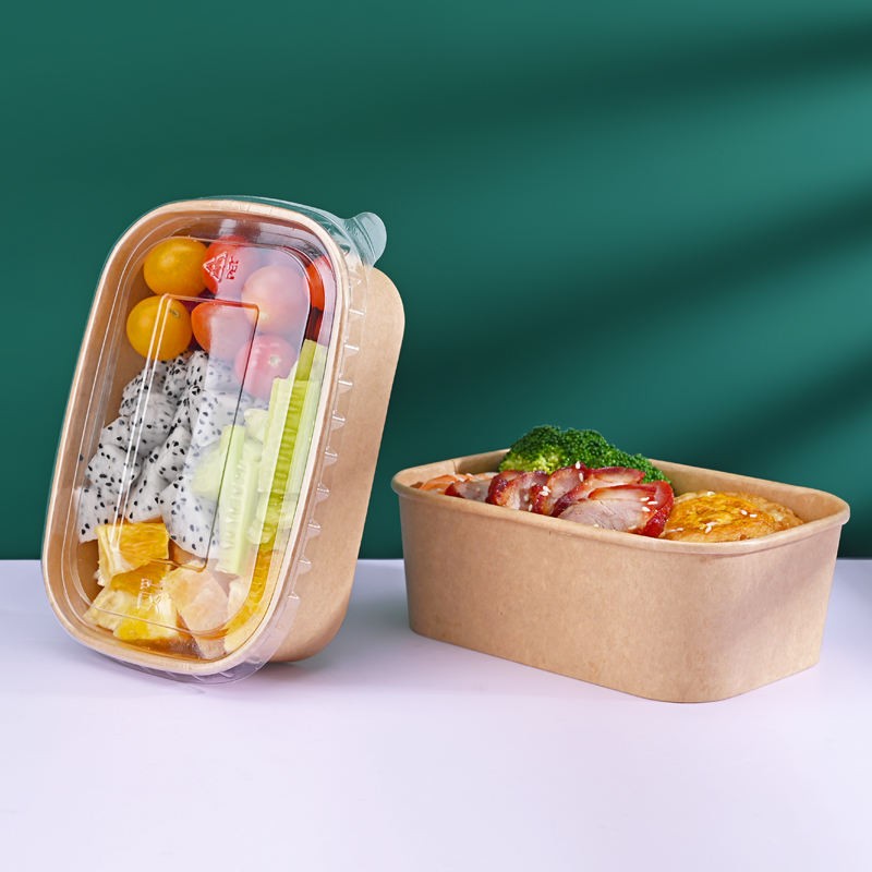 Disposable Pla Rectangular Salad Kraft Paper Bowl Container With Lid