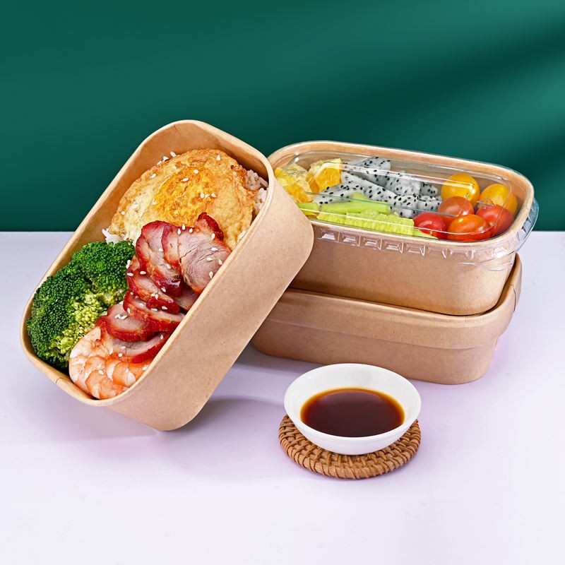 Disposable Pla Rectangular Salad Kraft Paper Bowl Container With Lid