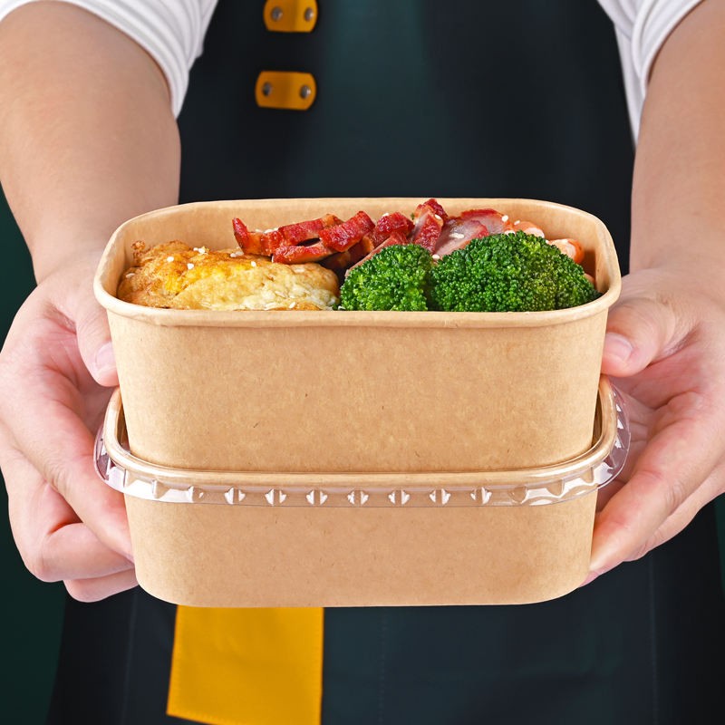 Disposable Pla Rectangular Salad Kraft Paper Bowl Container With Lid