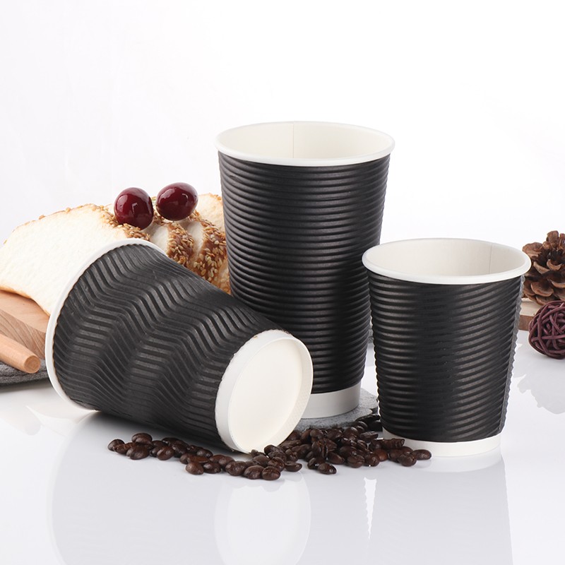 Compostable Unique Corrugated Black Custom Ripple Takeway Cafe Coffee Cups Double Wall With Lid
