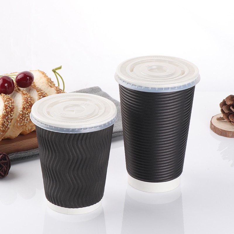 Compostable Unique Corrugated Black Custom Ripple Takeway Cafe Coffee Cups Double Wall With Lid