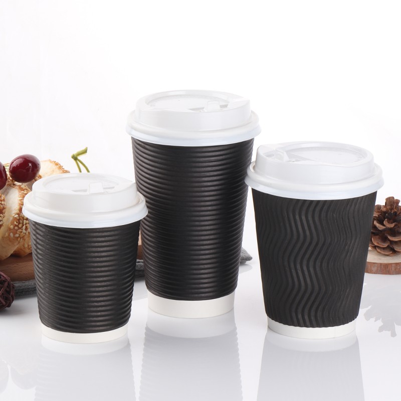 Compostable Unique Corrugated Black Custom Ripple Takeway Cafe Coffee Cups Double Wall With Lid