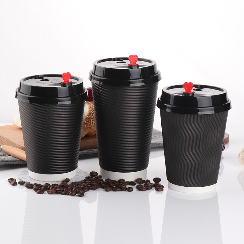 Compostable Unique Corrugated Black Custom Ripple Takeway Cafe Coffee Cups Double Wall With Lid