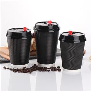 Compostable Unique Corrugated Black Custom Ripple Takeway Cafe Coffee Cups Double Wall With Lid