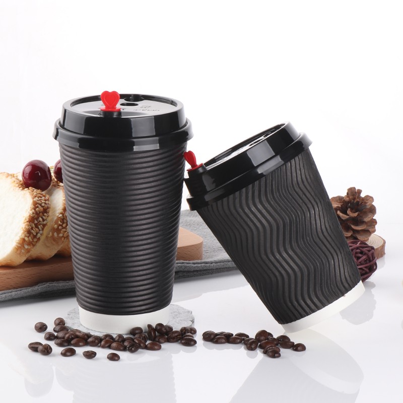 Compostable Unique Corrugated Black Custom Ripple Takeway Cafe Coffee Cups Double Wall With Lid