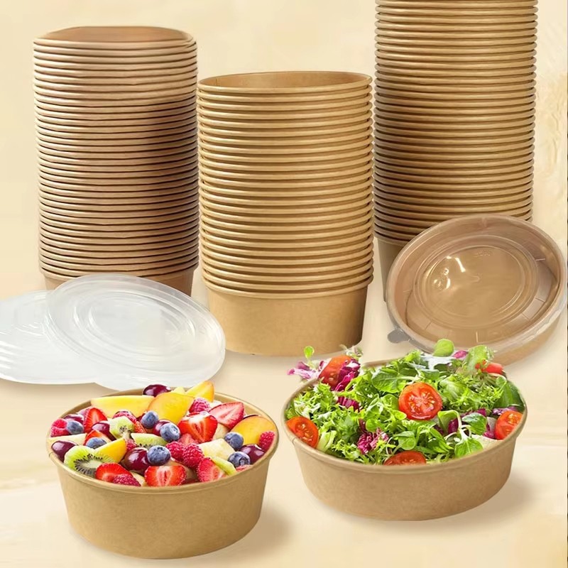 Wholesale Disposable Take Away Kraft Round Paper Bowl for Salad Noodle Soup Fast Food Packaging