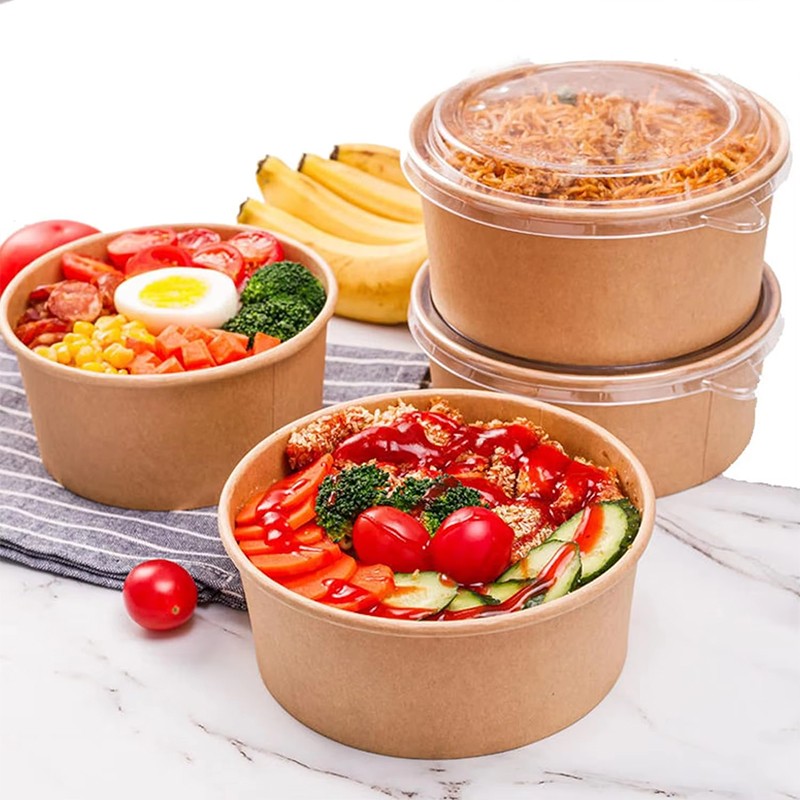 Wholesale Disposable Take Away Kraft Round Paper Bowl for Salad Noodle Soup Fast Food Packaging
