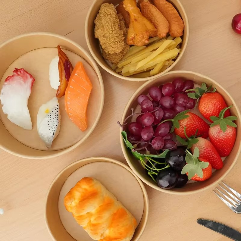 Wholesale Disposable Take Away Kraft Round Paper Bowl for Salad Noodle Soup Fast Food Packaging