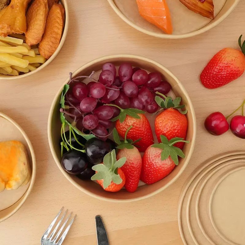 Wholesale Disposable Take Away Kraft Round Paper Bowl for Salad Noodle Soup Fast Food Packaging