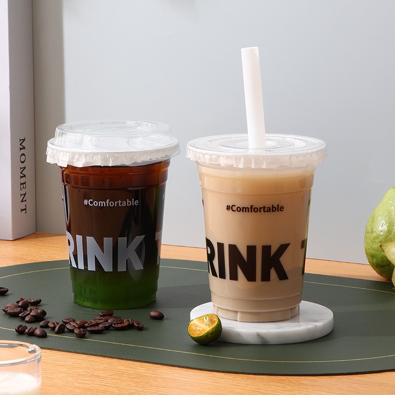 Custom LOGO Print Plastic Cup Disposable Ice Coffee Cold Cup Letter PET Low MOQ With Lids Straws