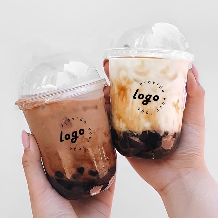 Logo Custom Coffee Cups Disposable Clear Cold Drink PET Tea Cups Coffee U Shaped Plastic Cups with Lids