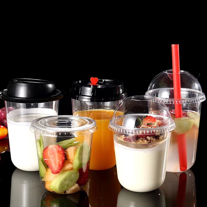 Logo Custom Coffee Cups Disposable Clear Cold Drink PET Tea Cups Coffee U Shaped Plastic Cups with Lids