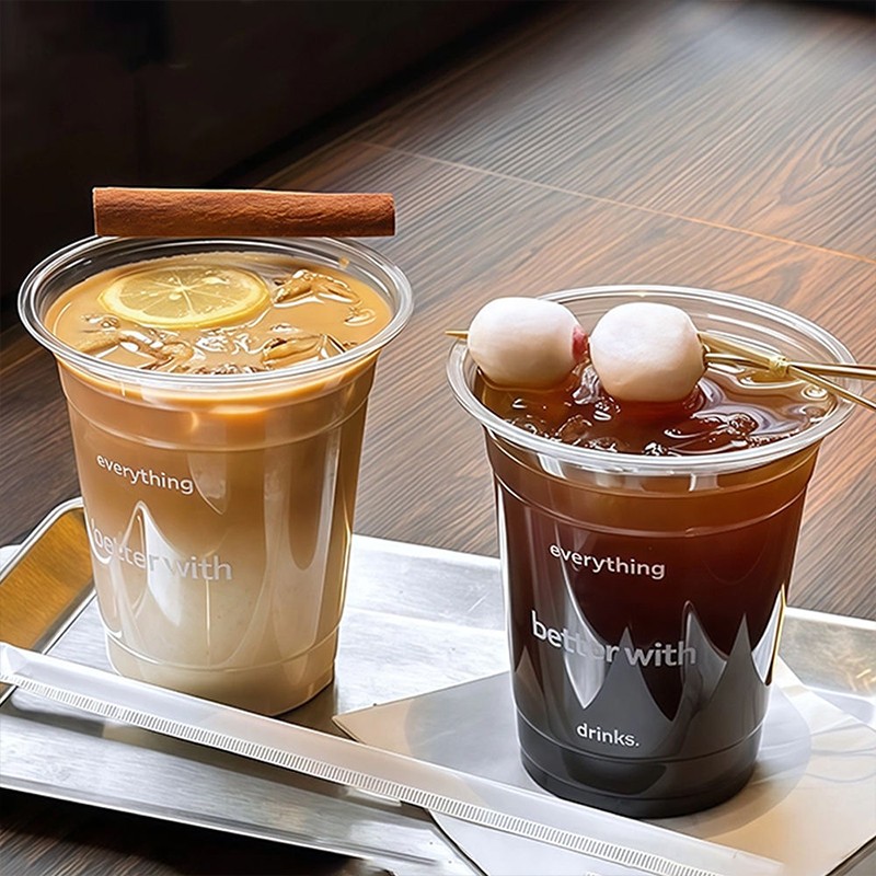 Custom LOGO Printed 92 Caliber Clear Disposable Cup Matcha Boba Milk Tea Ice Coffee Smoothie PET Plastic Cups with Lids and Straws
