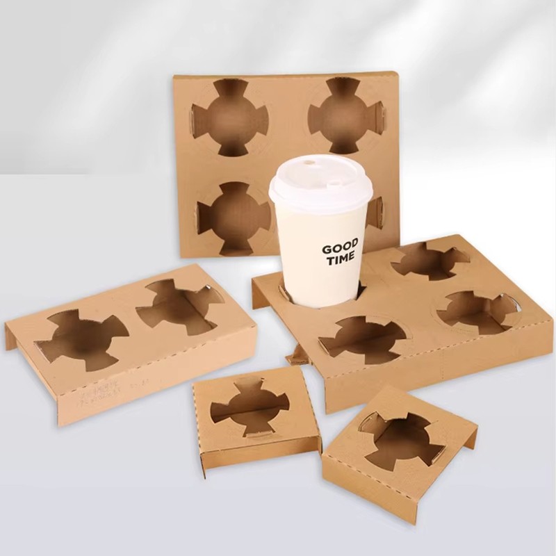 Coffee Shop Supplies Custom Cardboard Beverage Holder Brown Takeaway Paper Carrier Tray Disposable Kraft Paper Cup Holder