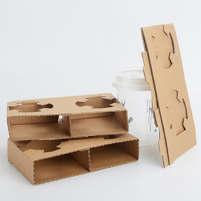 Coffee Shop Supplies Custom Cardboard Beverage Holder Brown Takeaway Paper Carrier Tray Disposable Kraft Paper Cup Holder