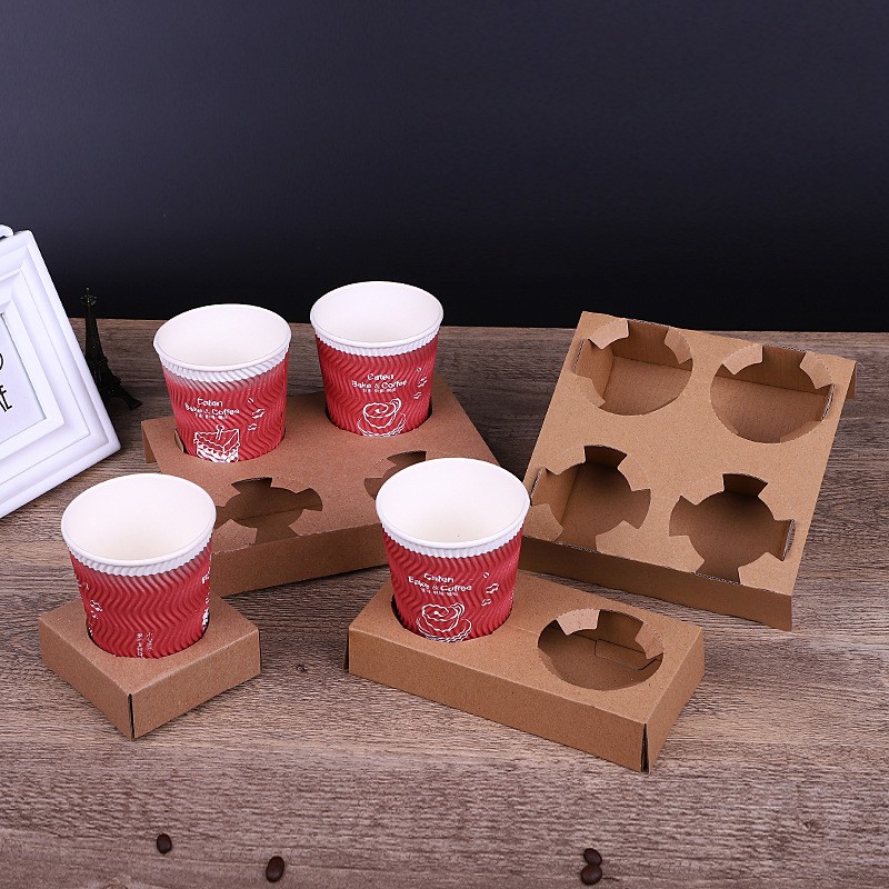Coffee Shop Supplies Custom Cardboard Beverage Holder Brown Takeaway Paper Carrier Tray Disposable Kraft Paper Cup Holder