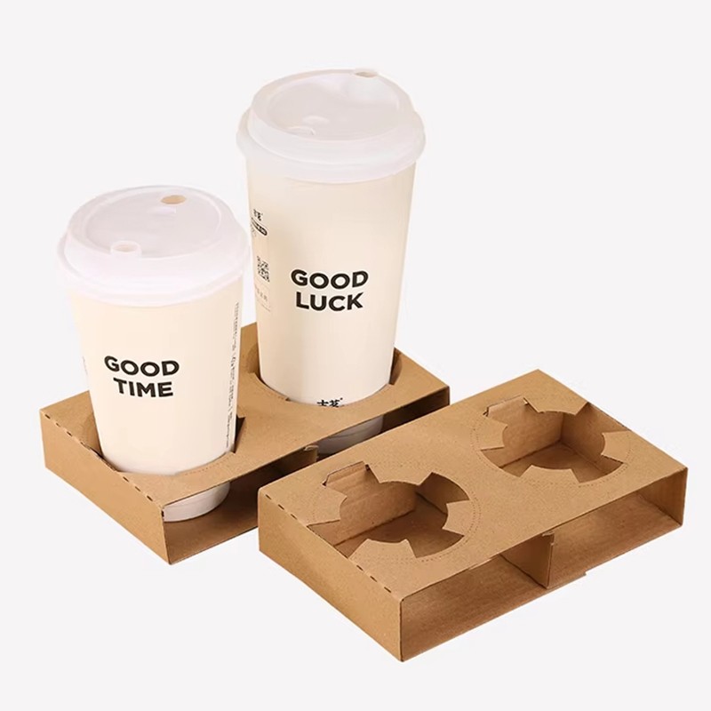 Coffee Shop Supplies Custom Cardboard Beverage Holder Brown Takeaway Paper Carrier Tray Disposable Kraft Paper Cup Holder