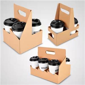 Customized Takeaway Hot Drink Cardboard Papercup Carrier With Handle Disposable Kraft Bubble Tea Coffee to Go Paper Cup Holder