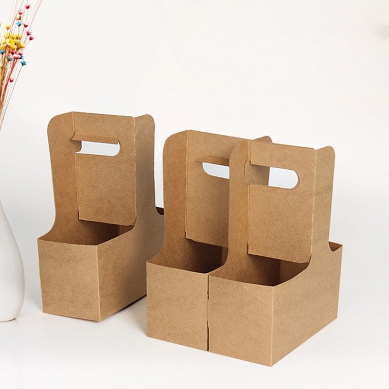 Customized Takeaway Hot Drink Cardboard Papercup Carrier With Handle Disposable Kraft Bubble Tea Coffee to Go Paper Cup Holder