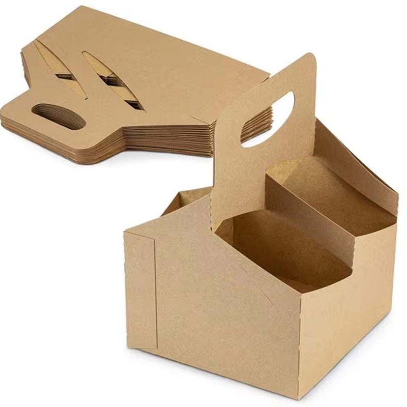 Customized Takeaway Hot Drink Cardboard Papercup Carrier With Handle Disposable Kraft Bubble Tea Coffee to Go Paper Cup Holder