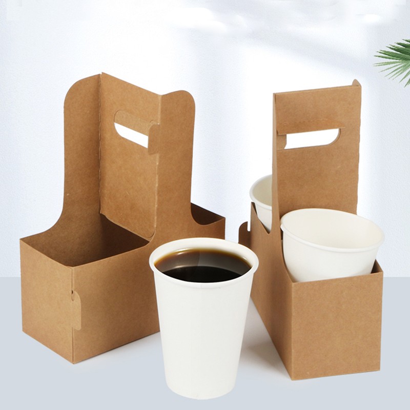 Customized Takeaway Hot Drink Cardboard Papercup Carrier With Handle Disposable Kraft Bubble Tea Coffee to Go Paper Cup Holder