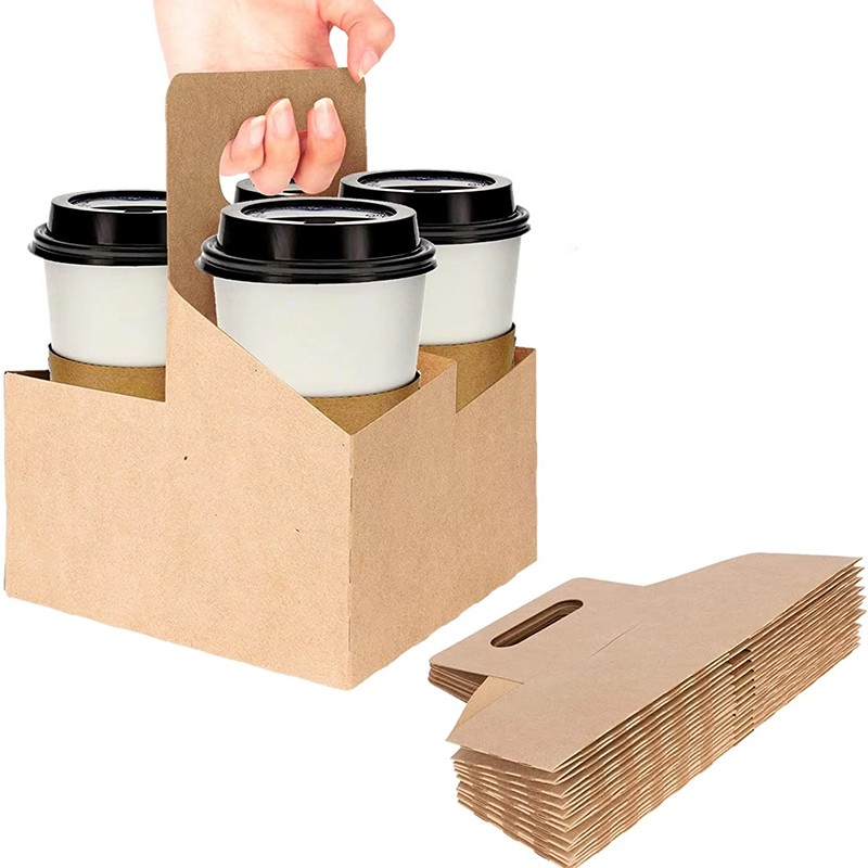 Customized Takeaway Hot Drink Cardboard Papercup Carrier With Handle Disposable Kraft Bubble Tea Coffee to Go Paper Cup Holder