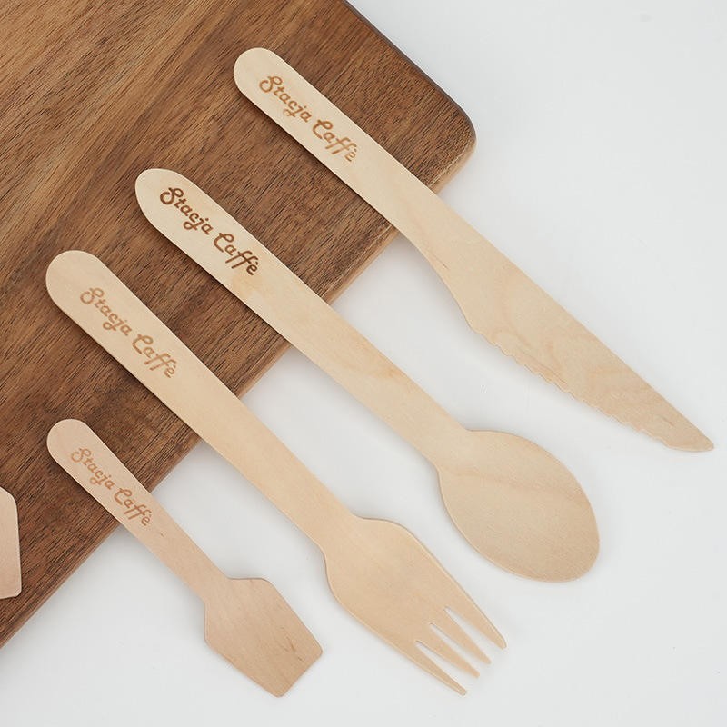 Wholesale Eco Wooden Spoon Manufacturers Restaurant Custom Bamboo Wood Knife Spoon Fork Set Disposable Dinnerware Cutlery Set
