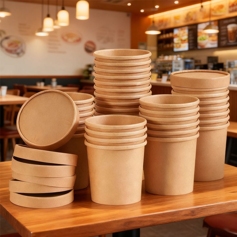 Cốc giấy dùng một lần, hộp đựng thực phẩm, cốc súp giấy Kraft có nắp.