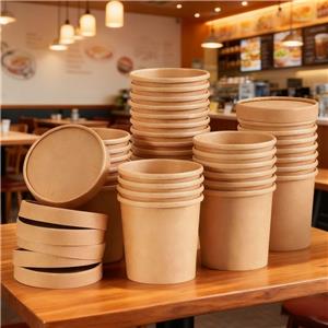 Cốc giấy dùng một lần, hộp đựng thực phẩm, cốc súp giấy Kraft có nắp.