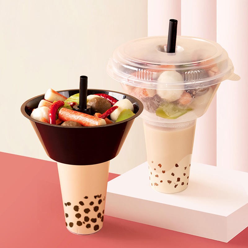Disposable Hot Pot Snack Milk Tea Cup With Lids and Straws Fruit Salad Plastic Cup With Snack Tray