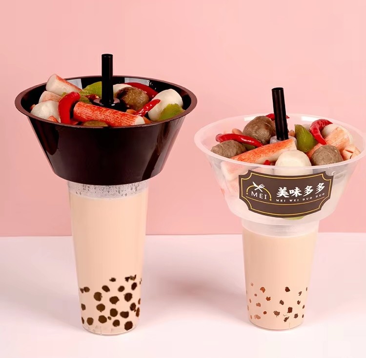 Disposable Hot Pot Snack Milk Tea Cup With Lids and Straws Fruit Salad Plastic Cup With Snack Tray
