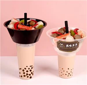 Disposable Hot Pot Snack Milk Tea Cup With Lids and Straws Fruit Salad Plastic Cup With Snack Tray