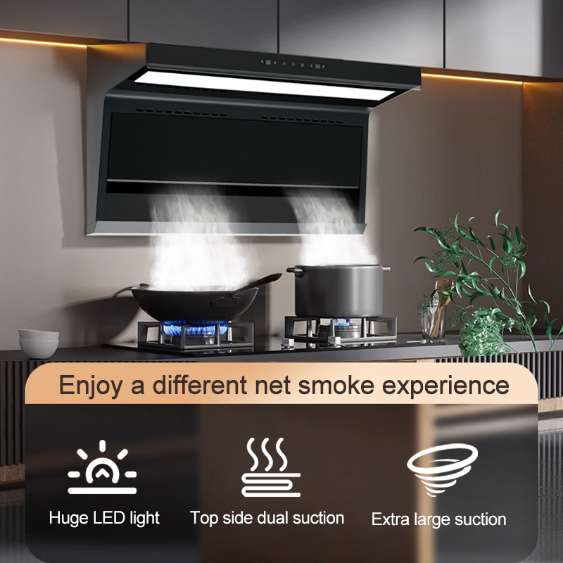 Smart Wall Mounted Kitchen Range Hood With Black Tempered Glass