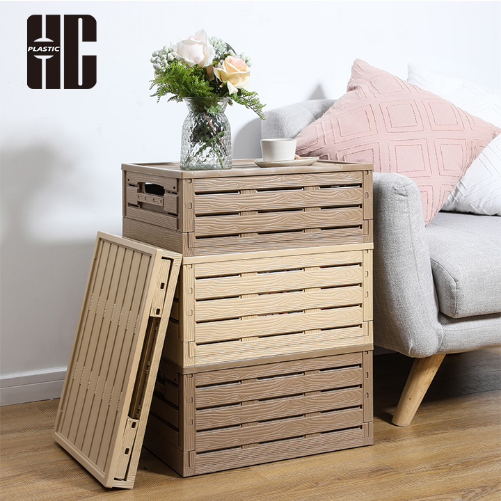Foldable Wood - Grain Plastic Storage Box With Lid