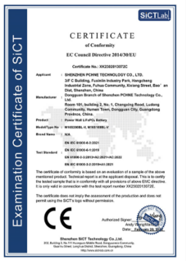 CE Certificate of Conformity for Power Wall LiFePO₄ Battery