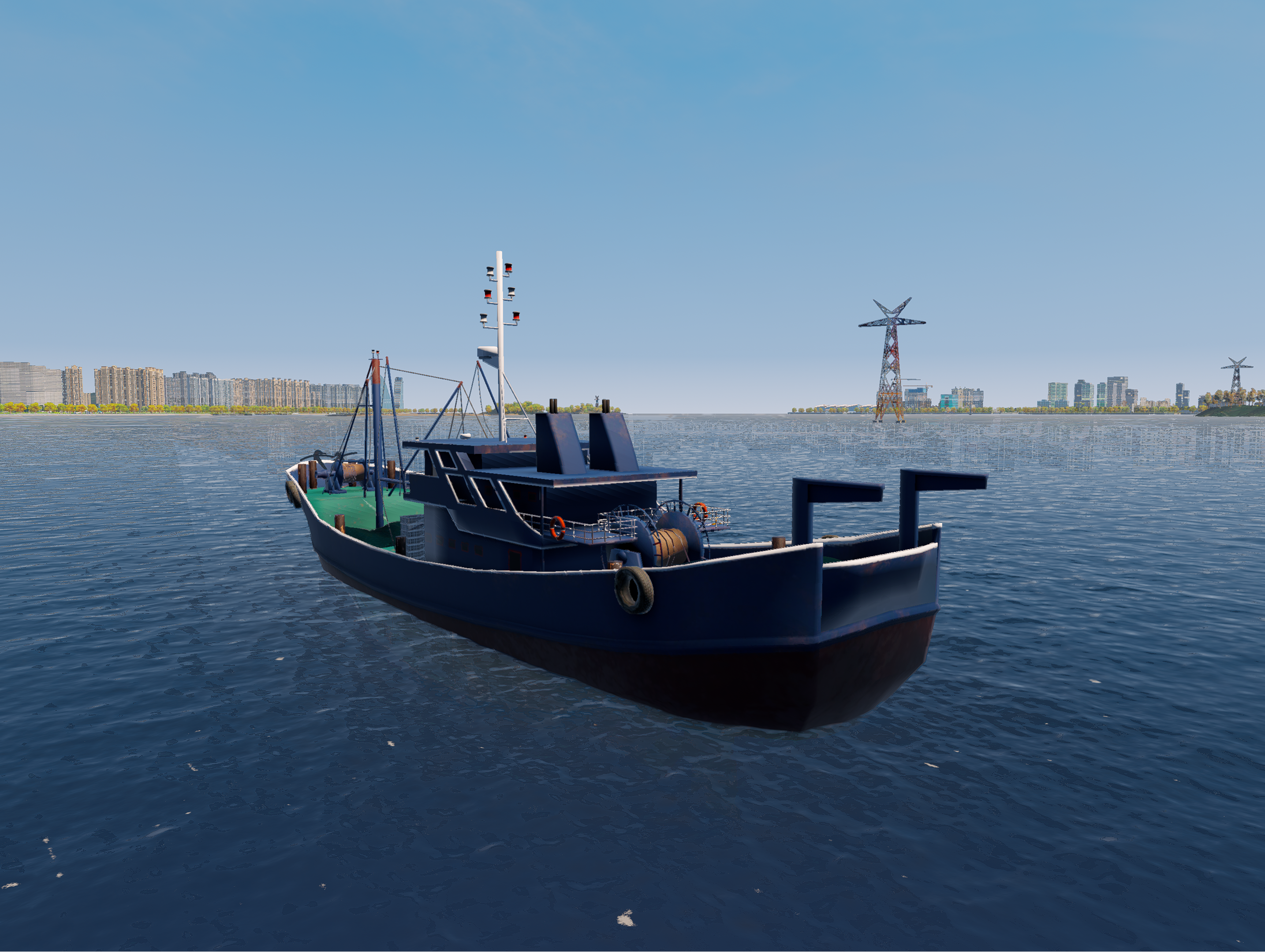 Fishing boat maneuvering and fishing simulation system Fishing boat maneuvering and fishing simulation system