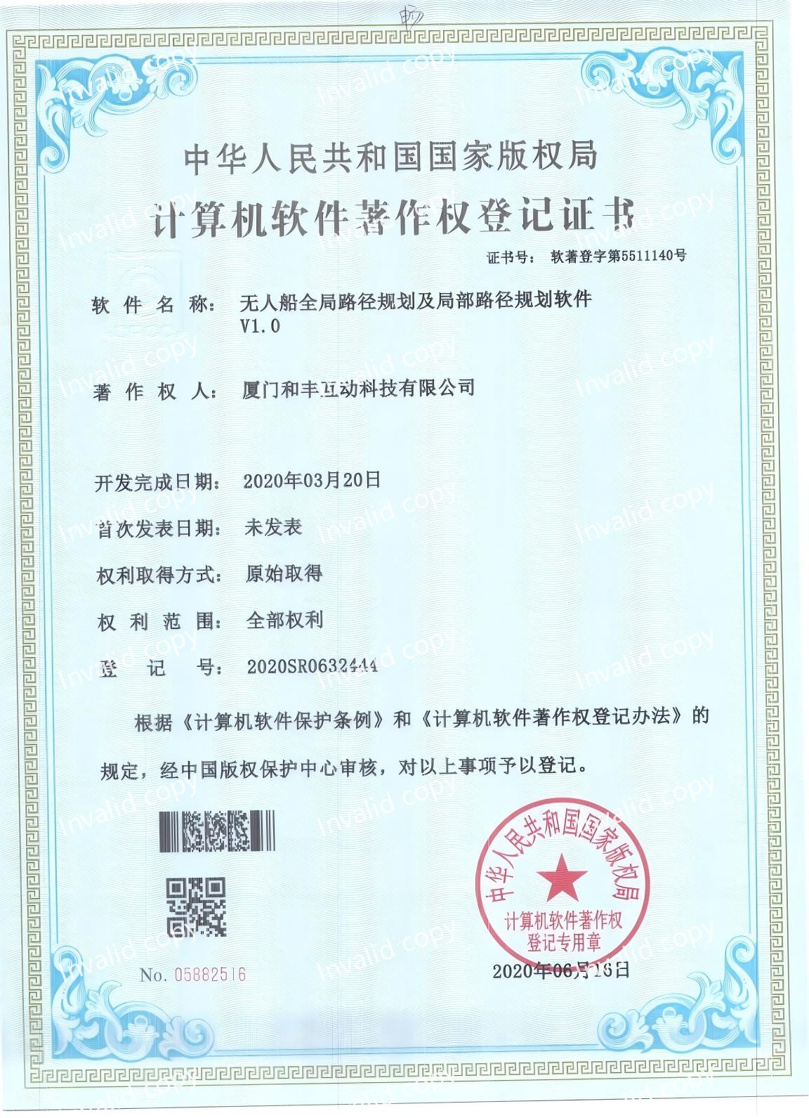 Software Copyright Certificate - Unmanned Ship Global Path Planning and Local Path Planning Software