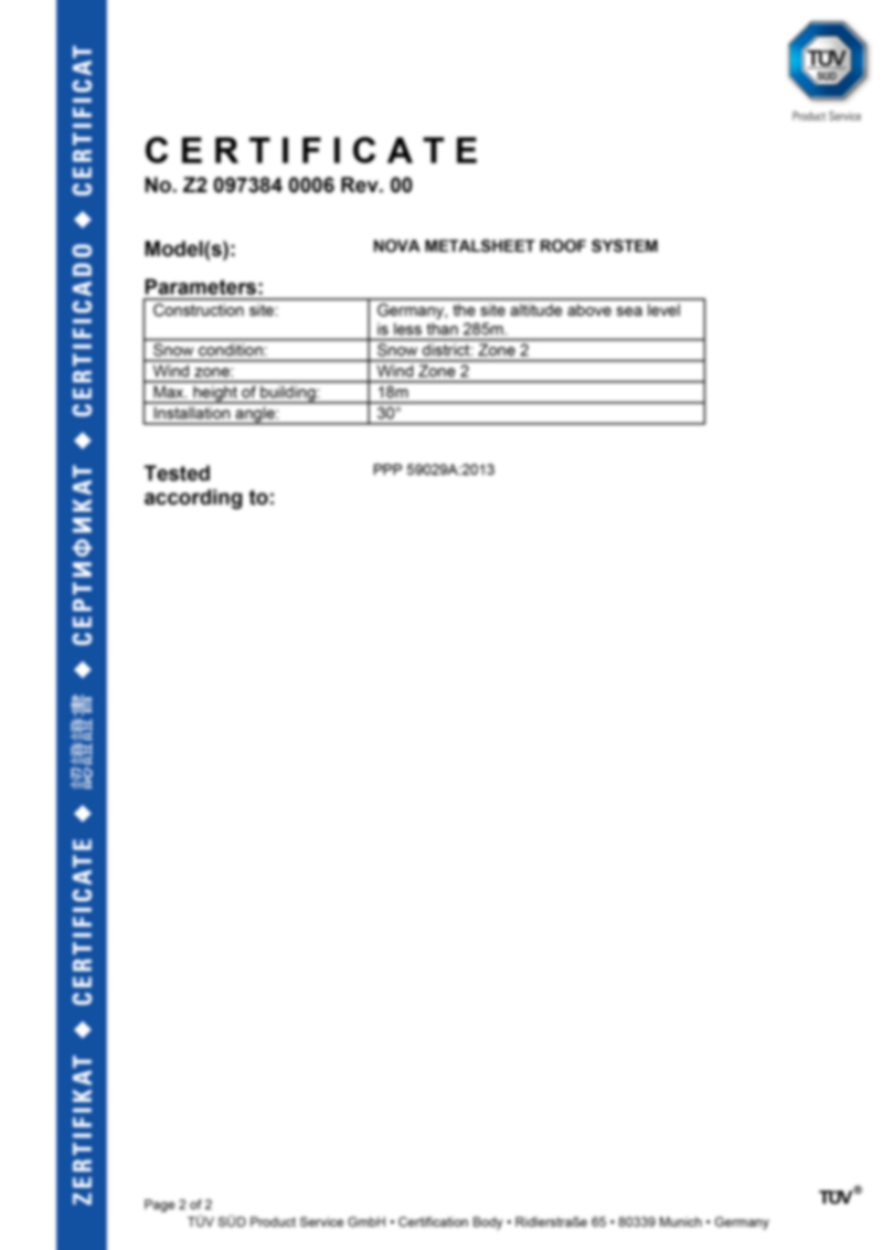 NOVA METALSHEET ROOF SYSTEM CERT2