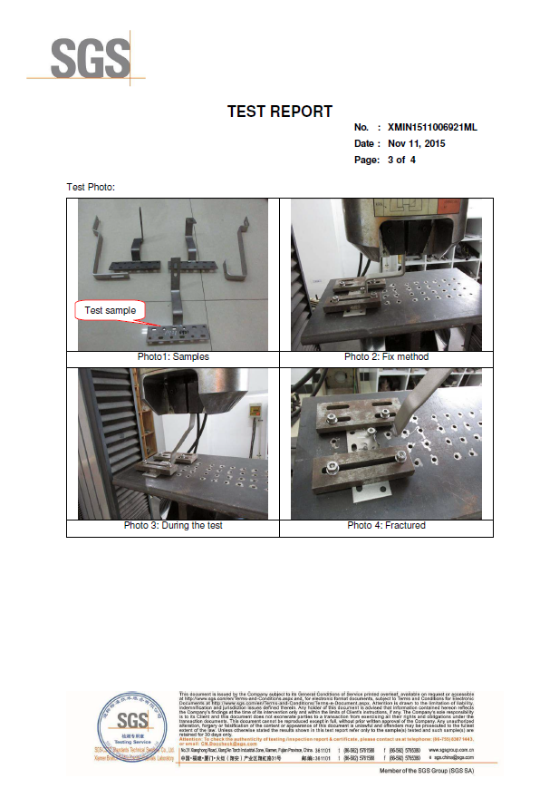 SOLAR ROOF MOUNTING HOOK SGS TEST REPORT for MEGAN SOLAR MOUNTING PRODUCTS