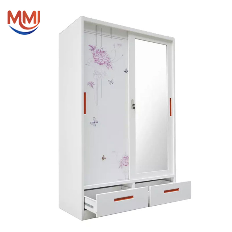 இதயம் மற்றும் மலர் வடிவமைப்புடன் கூடிய, கரையான் மற்றும் பூஞ்சை எதிர்ப்புத் தன்மை கொண்ட இழுப்பறைகளுடன் கூடிய இரு கதவு இரும்பு அலமாரி, சறுக்கும் வசதியுடன்.