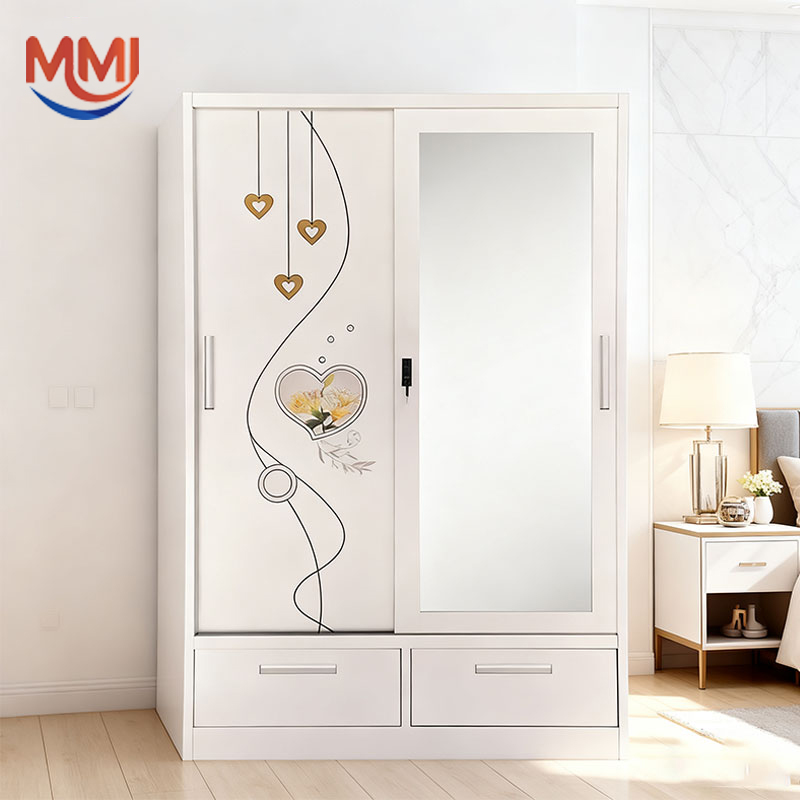 Two-Door Iron Wardrobe with Heart and Flower Pattern, Sliding with Anti-Termite and Anti-Fungus Drawers