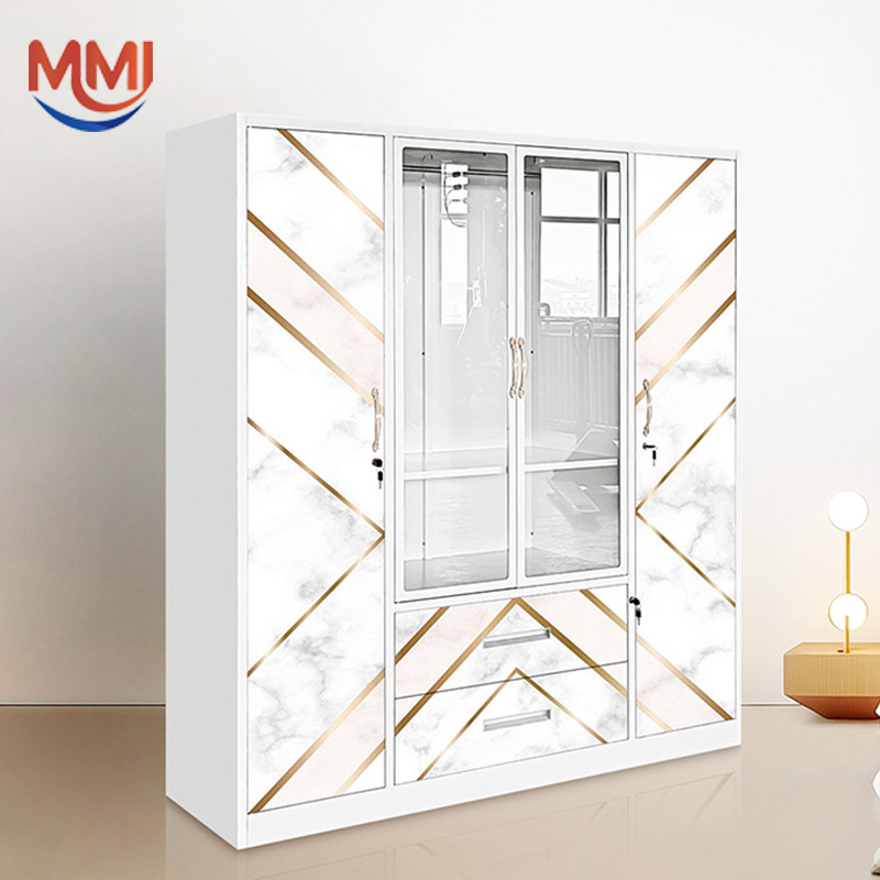 4-Door Sliding Iron Wardrobe with Mirror and Drawers