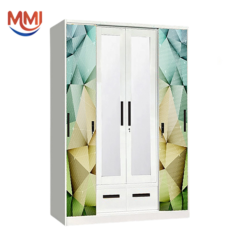 Lemari Pakaian Modern Motif Cetak Besi Geser 4 Pintu dengan Cermin & Laci