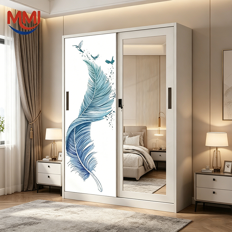 Lemari Pakaian Besi Geser 2 Pintu Modern Motif Bulu Burung dengan Cermin