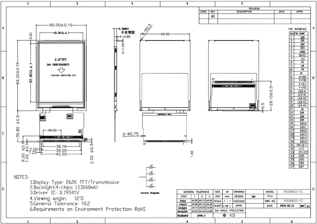 RoHS 2.8 Inch HD TFT Display 8080 MCU 16 Bit Tft Lcd Display